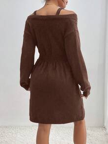 SHEIN Privé Của phụ nữ Cable Dệt kim Off Shoulder Đầm Áo len - Màu nâu Sô-cô-la - Xem 2