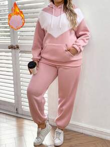 SHEIN LUNE 大尺碼袋鼠口袋兩色抽繩連帽衫和褲子兩件套 - 粉色 - 查看 1