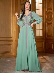 Elegant Floral Embroidery Patchwork Modest Long Sleeve Dress Kaftan Arabian Dress Spring Vacation - Mint Green - View 8