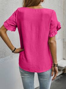 EMERY ROSE Blusa de manga corta de unicolor con volantes en el borde, blusas de manga corta - Rosa Fucsia - Ver 2