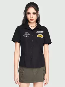 ROMWE Grunge Punk Embroidered Contrast Short-sleeved Shirt - Black - View 1