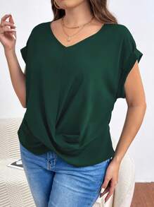 SHEIN Frenchy Plus Size Women's Twist Knot Hem Batwing Short Sleeve V Neck Green Blouse