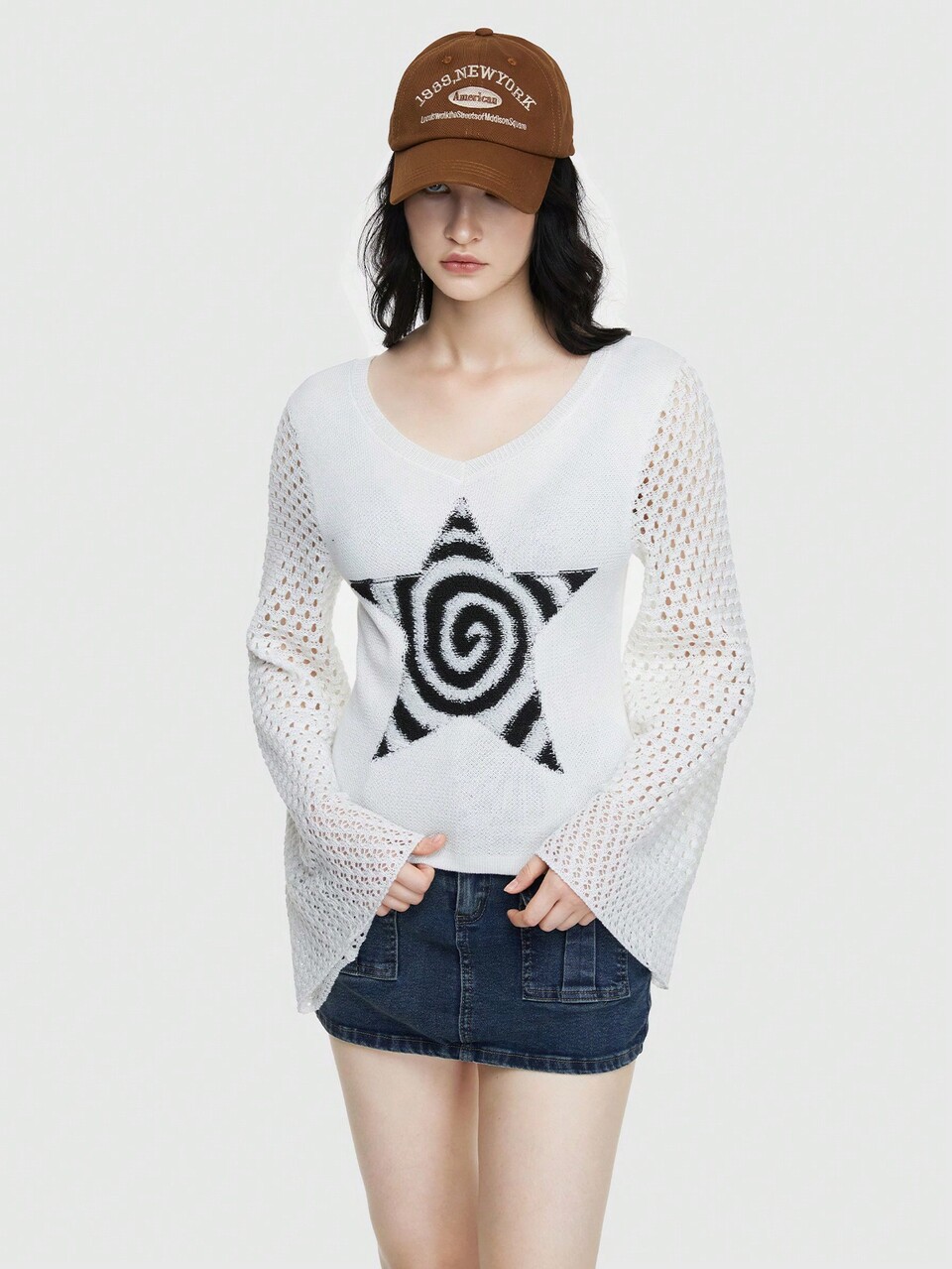 Hollow Out Sweater With Star Pattern And Bell Sleeves