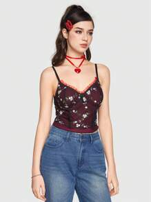 Sweetness Retro Sweet Floral Embroidered Double Layer Women's Tank Top - Black - View 4