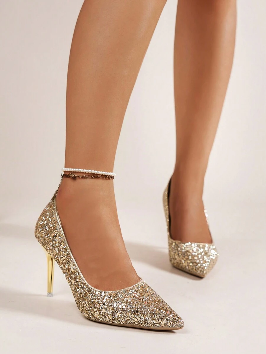女用尖頭細高跟亮片派對高跟鞋,細跟,閃閃發光的金色和玫瑰金閃閃發光的高跟鞋,適合辦公室婚禮新娘和晚會舞會,時尚舒適的正裝鞋 - 金色 - 查看 1