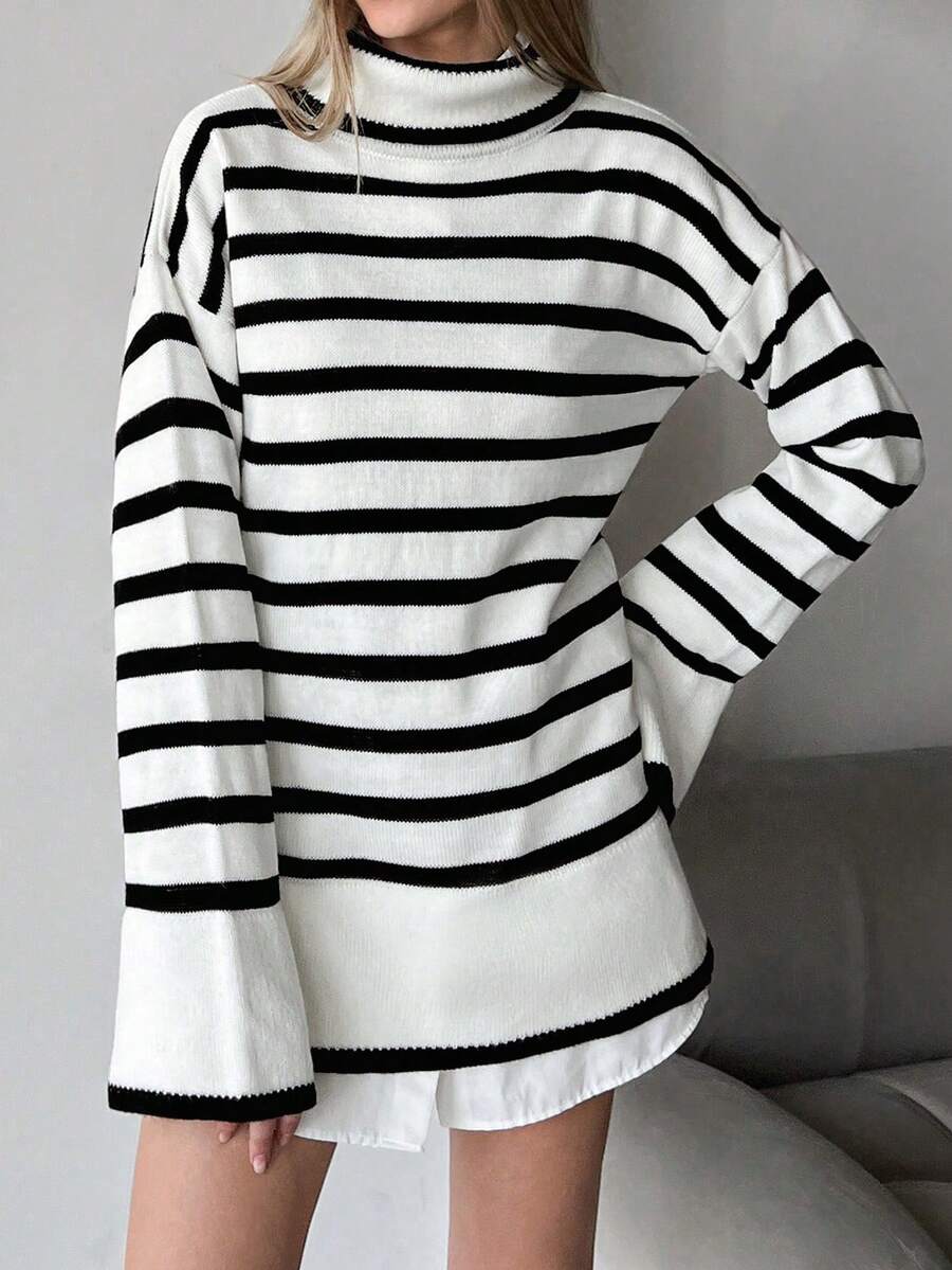 EURMUSE Cổ cao Thả vai Sọc Áo len - màu đen - Xem 1