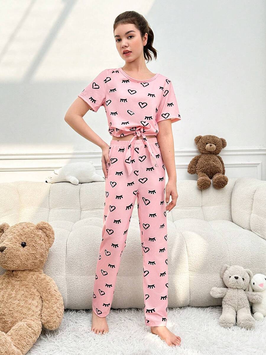 Teenage Girls' Heart & Eyelash Patterned Homewear Set - Pink - View 1