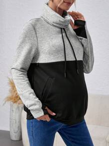 SHEIN Maternity Turtleneck Contrast Color Nursing Pullover - Grey - View 4