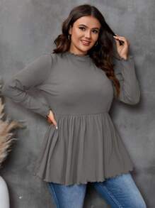 SHEIN LUNE 大尺碼純色荷葉邊長袖t恤 - 灰色 - 查看 4