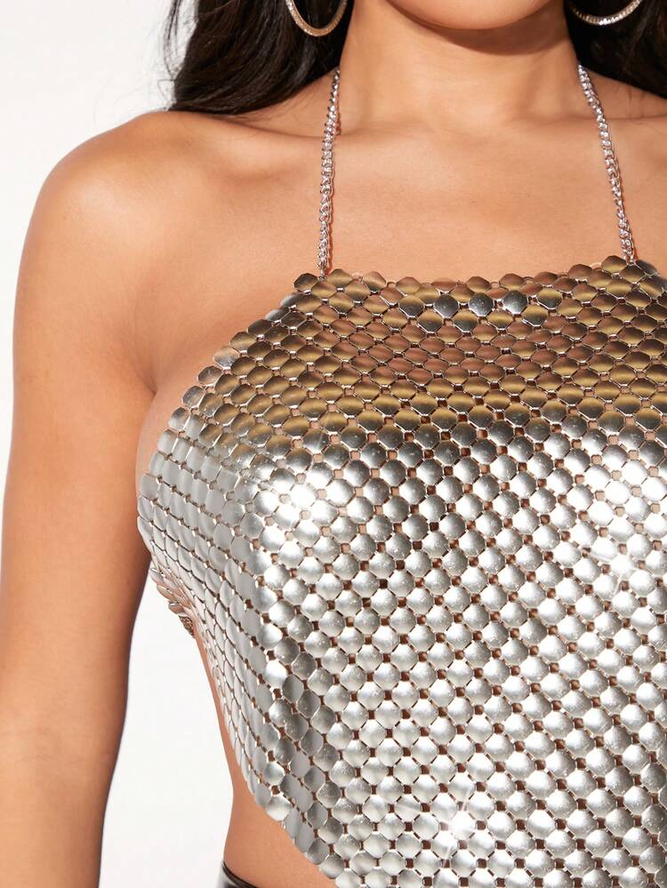 Valentine's Day Extremely Sexy Women Silver Metallic Sparkling Halter Neck Halter Top