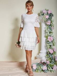 Eilly Bazar Patchwork Spitze Rüschen Saum Swing-kleid - Weiss - Übersicht 3