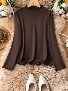 SHEIN LUNE 大尺碼純色立領t卹 - 棕色 - 查看 1