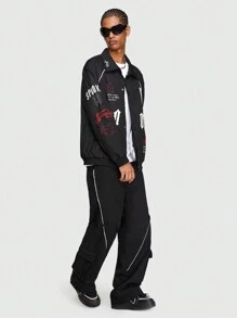 ROMWE MEN Prep 男士字母印花翻領外套 - 黑色 - 查看 1