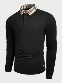 Manfinity NiteLyfe Áo thun Polo dài tay kẻ ô vuông chắp vá cho nam - màu đen - Xem 3