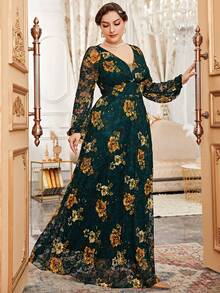 Plus Size Women' Foil Floral Print Lantern Sleeve Dress - Green - View 5