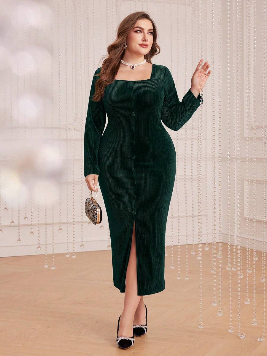 Modelyn Plus Size Square Neck Long Sleeve Split Hem Dress - Dark Green - View 1