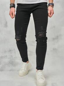 Men's Casual Black Ripped Jeans, Grunge - Black - View 3