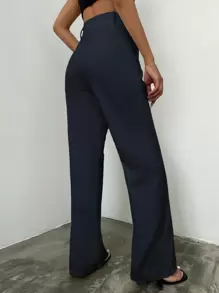 RueChic Solid Color High Waisted Straight Leg Suit Pants - Navy Blue - View 7