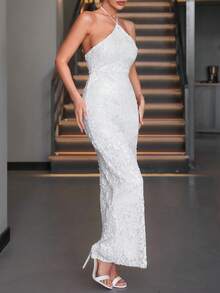 SHEIN Cottnline Backless Halter Sequin Party Dress - White - View 4