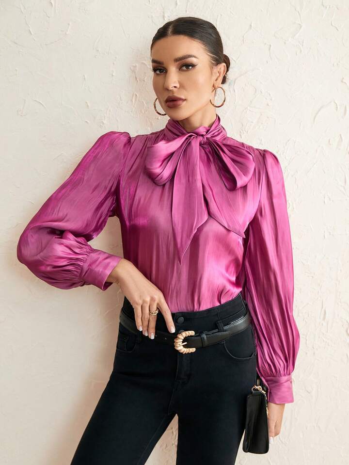 Aveloria Modichic Solid Color Tie Neck Lantern Sleeve Blouse