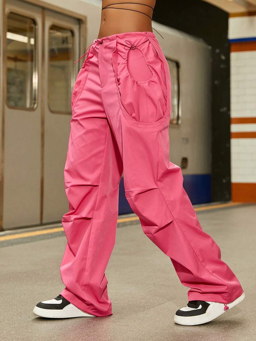 Y2k街頭粉色束腰大口袋側偷摸細節寬褲貨降落傘褲 - 玫紅色 - 查看 1