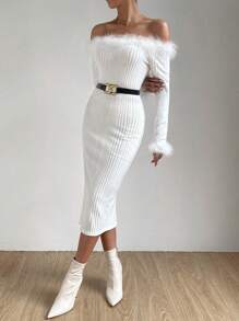 Zolique Off Shoulder Fuzzy Trim Bodycon Dress Without Belt Fall Cloth For Women - White - View 3