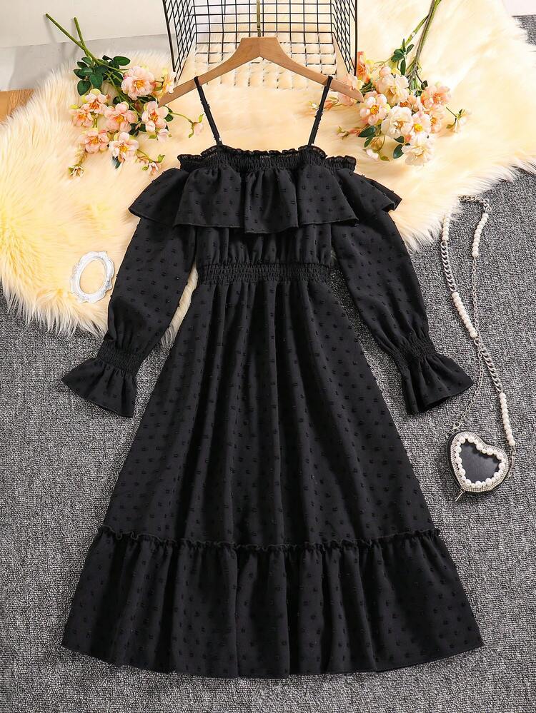 Teenage Girls' Off-Shoulder Swiss Polka Dot Print Dress With Spaghetti Straps