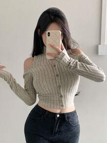 Dazy Designer Camiseta de manga larga acanalada con hombros descubiertos para mujer, top corto con hombros descubiertos - Gris - Ver 3