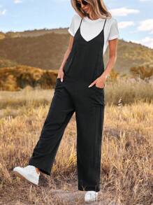 SHEIN LUNE 1件斜口袋和吊帶款連身褲 - 黑色 - 查看 4