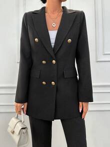 EURMUSE 雙排扣尖駁領西裝外套西裝套裝 - 深灰色 - 查看 3