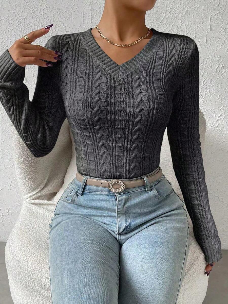 SHEIN Unity V 領絞花針織毛衣 - 灰色 - 查看 1