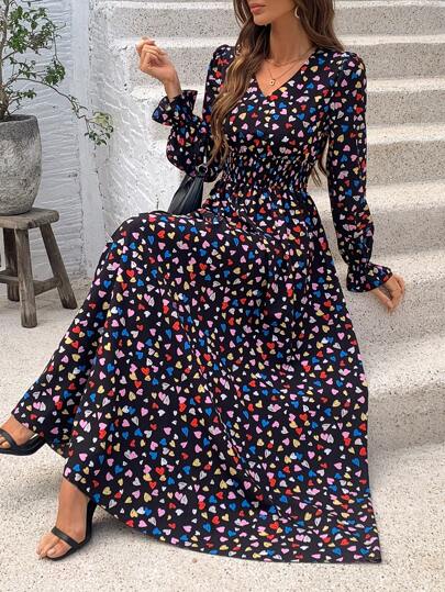 Breezaya Full Print Heart Pattern Bell Sleeve Dress Maxi Women Outfit Fall Cloth For Women