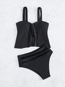 SHEIN Swim Summer Solid Color Separated Tankini Set Carnival - Black - View 5