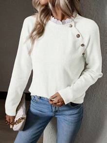 SHEIN Privé Màu thuần Đứng cổ áo Chi tiết Nút Áo len - trắng - Xem 5