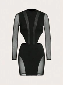 SHEIN ICON Contrast Mesh Cut Out Waist Bodycon Dress - Black - View 2