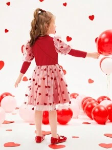SHEIN Young Girl Cute Heart Mesh Long Sleeve Dress For Autumn/Winter - Red - View 2