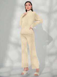 Seusyu Solid Color Ribbed Knit Sweater 2pcs/Set 2 Piece Set - Apricot - View 4