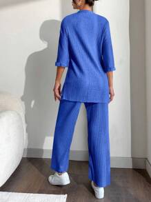 EURMUSE Conjunto de camiseta y pantalones de hombros caídos 100% algodón - azul real - Ver 2