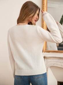 SHEIN Frenchy 休閒女裝打底衫,帶蕾絲邊和珍珠鈕扣,情人節毛衣 - 粉色 - 查看 7