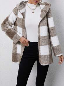 SHEIN EZwear Abrigo de peluche con capucha con estampado de cuadros búfalo para otoño/invierno - Multicolor - Ver 5