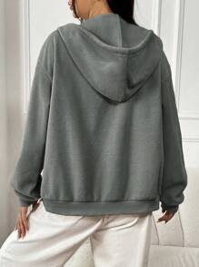 SHEIN EZwear 秋冬款拉链落肩抽绳连帽保暖内衬拉链夹克 - 灰色 - 查看 2