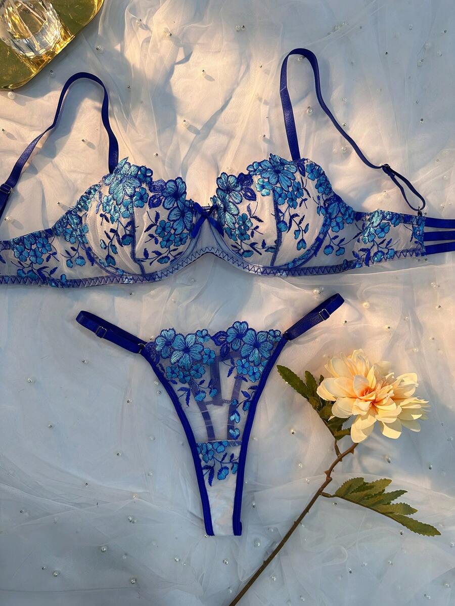 Seduluxe Women's Floral Embroidery Bra & Panty Underwear Lingerie Set - Blue - View 1