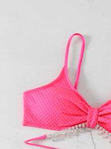 DAZY Tied & Rhinestone Decor Drawstring Solid Color Bikini Set Valentine For Summer Beach Vacation,Ruffle,Tankini Bathing Suit - Hot Pink - View 6
