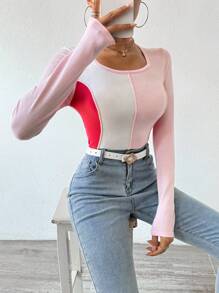 Chiquease Contrast Color Long Sleeve Knit Pullover Fall Winter Sweater - Pink - View 3