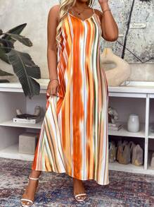 SHEIN Clasi Kích thước lớn Sọc Dây đeo Mì Ý  Đầm - Nhiều màu - Xem 4