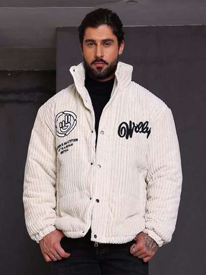 Manfinity Homme 男式加大码宽松白色灯芯绒立领夹棉大衣