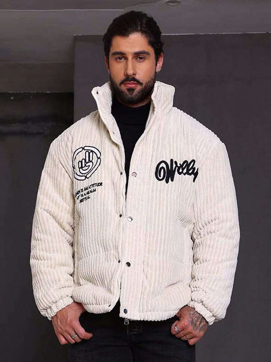 Manfinity Homme 男式加大码宽松白色灯芯绒立领夹棉大衣 - 卡其色 - 查看 1