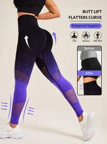 SHEIN Yoga Trendy Gradient & Fishnet Patchwork Wide Waistband Athletic Leggings - Multicolor - View 1