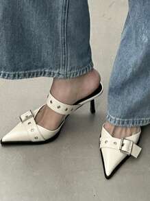 女士复古尖头玛丽珍皮鞋英伦风平底鞋2025春秋新款法式时尚粗跟高跟鞋 - 米色 - 查看 2