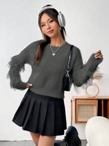 Flirla Women's Casual Solid Color Fringe Trim Drop Shoulder Knit Pullover Fall Winter Sweater - Grey - View 5